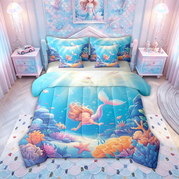 meiyoeat Fairy Mermaid Princess Twin Bedding for Kids Boys Girls, Dreamy Marine Animal Bedding Comforter Set, Blue Pink, Grey Reversible, 7pcs
