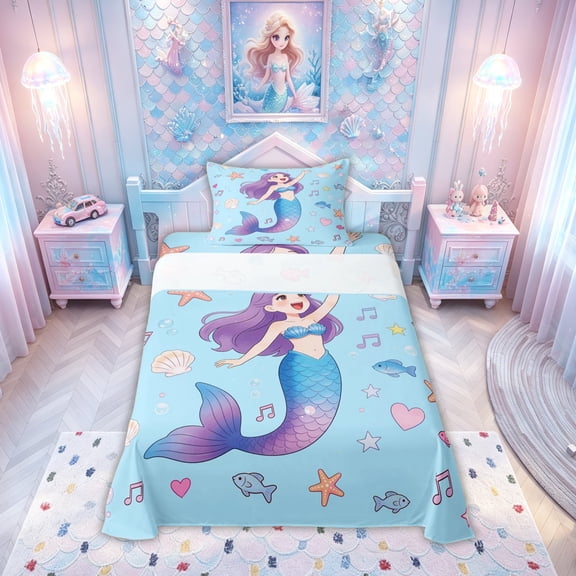 meiyoeat Fairy Sea Mermaid Princess Twin Sheets for Kids Boys Girls, Music Note Starfish Bedding, Blue, Colorful Star Reversible, 1 Flat Sheet, 1 Fitted Sheet and 1 Pillowcase