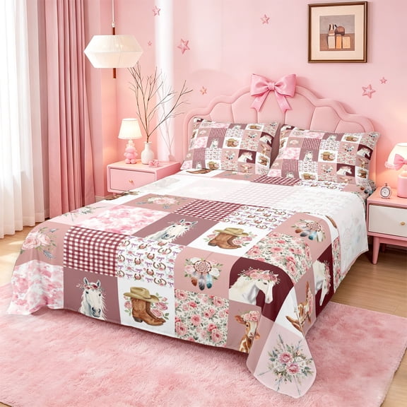 meiyoeat Farm Animal Horse Cow Bed Sheets,Romantic Pink Flowers Full Size Sheets For Girl,4-Piece,1 Flat Sheet,1 Fitted Sheet and 2 Pillowcases
