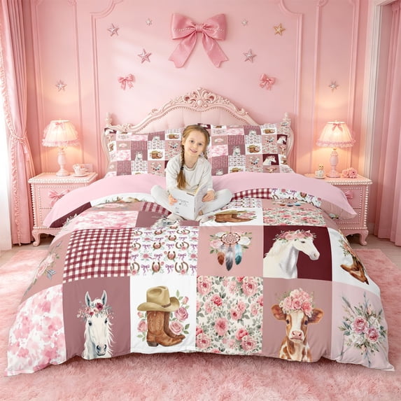 meiyoeat Farm Animal Horse Cow Bedding,Romantic Pink Flowers Duvet Cover Full For Girl,Reversible,3-Piece,1 Duvet Cover and 2 Pillowcases