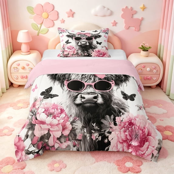 meiyoeat Farm Highland Cow Twin Comforter Sets,Countryside Floral Blossom Bedding Set,Pink Reversible,2-Piece,1 Comforter and 1 Pillowcase