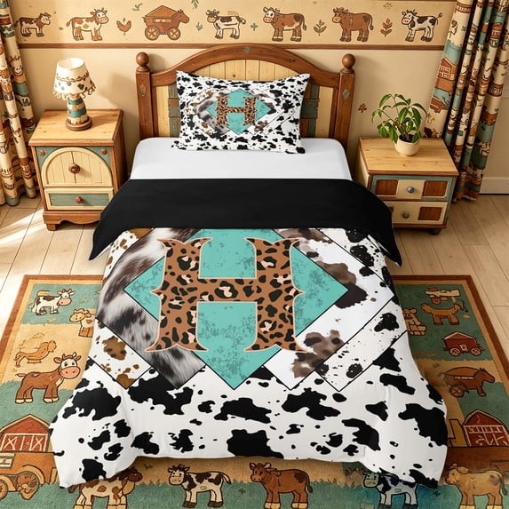 meiyoeat Farmhouse Cow Initial Twin Duvet Cover For Boys,Rustic Leopard Monogram Print Design Twin Bedding,Black Reversible,2-Piece,1 Duvet Cover and 1 Pillowcase