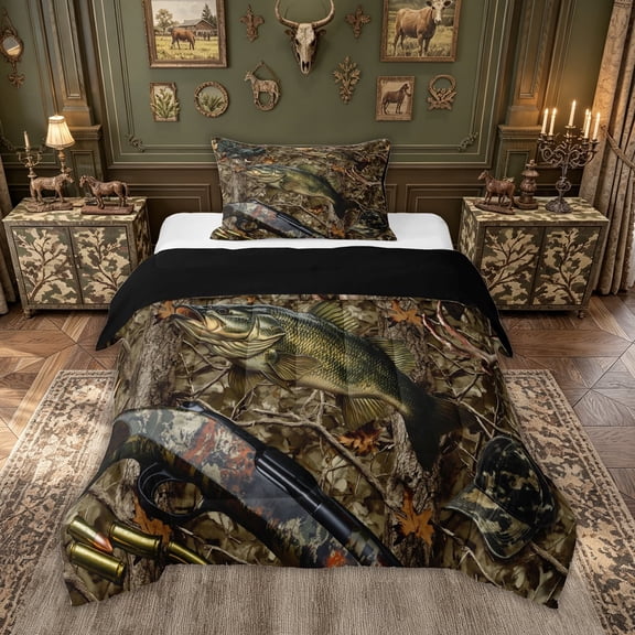 meiyoeat Farmhouse Outdoor Hunting Twin Comforter Sets for Men Boys, Camo Forest Branches Bedding Set, Brown Green, Black Reversible, 2-Piece, 1 Comforter and 1 Pillowcase