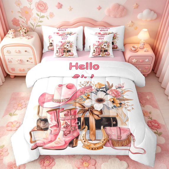 meiyoeat Fashion Cowgirl Hat 7-Piece Twin Bedding,Western Print Bedding Comforter Set,Pink Reversible