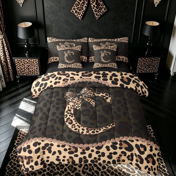 meiyoeat Fashion Leopard C Letter Twin Bedding for Women Girls, Cheetah Print Bow Bedding Comforter Set, Brown Black, Black Reversible, 7 Pieces