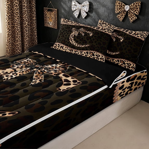 meiyoeat Fashion Leopard C Letter Zipper Full Size Comforter Sets with Fitted Sheet and 2 Pillowcases for Women Girls, Cheetah Print Bow Zipper Bedding Set, Brown Black, Black Reversible, 4 Pieces