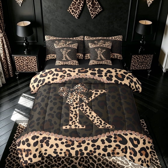meiyoeat Fashion Leopard K Letter Twin Bedding for Women Girls, Cheetah Print Bow Bedding Comforter Set, Brown Black, Black Reversible, 7pcs