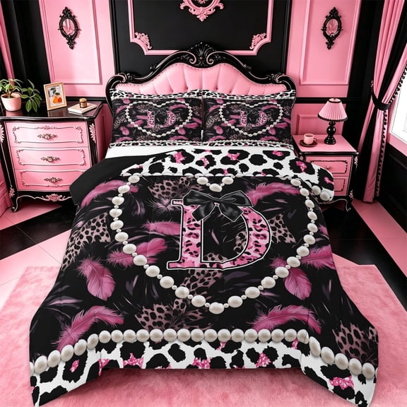 meiyoeat Fashion Leopard Pattern Full Size Comforter Sets For Cheetah Lovers,Pink Initial Letter D Bedding Sets For Kids Girls,black Reversible,3pcs
