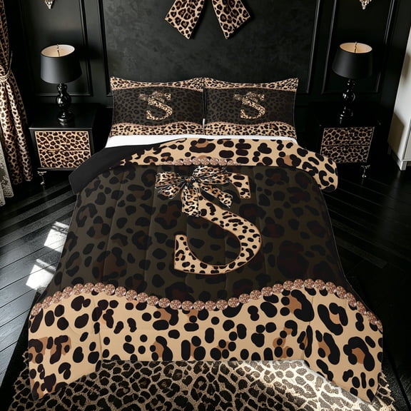 meiyoeat Fashion Leopard S Letter King Size Comforter Sets for Women Girls, Cheetah Print Bow Comforters King Size, Brown Black, Black Reversible, 3-Piece, 1 Comforter and 2 Pillowcases