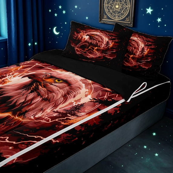 meiyoeat Fiery Eagle Zipper Twin Comforter Sets with Fitted Sheet and 2 Pillowcases for Kids Girls Boys, Gothic Lightning Zipper Bedding Set for Bedroom, Red Black, Black ReversibleB
