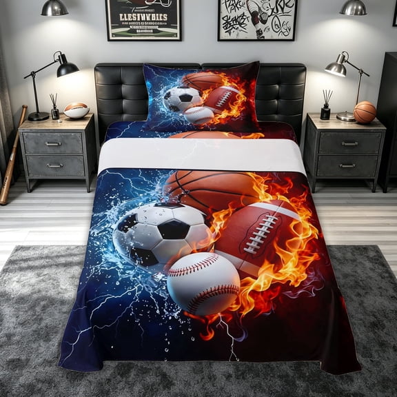 meiyoeat Fire Sports Balls Twin Sheets for Kids Kids Boys, Ice Lightning Bedding for Bedroom, Red Blue, 3 Pieces