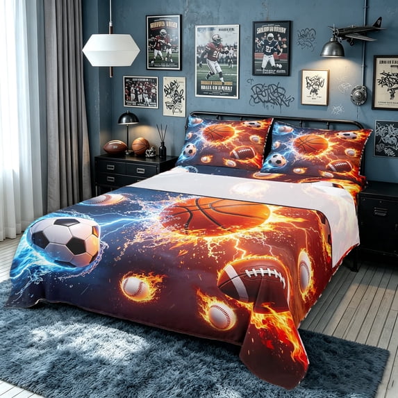 meiyoeat Fire Water Multisport Bed Sheets for Boys, Lightning Basketball Baseball Soccer Full Size Sheets, 4-Piece, 1 Flat Sheet, 1 Fitted Sheet and 2 Pillowcases