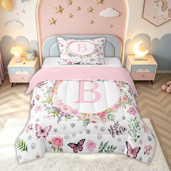 meiyoeat Floral Butterfly Letter B Twin Comforter Sets for Girls, Spring Rose Flower Bedding Set, Pink Reversible, 2pcs, 1 Comforter and 1 Pillowcase