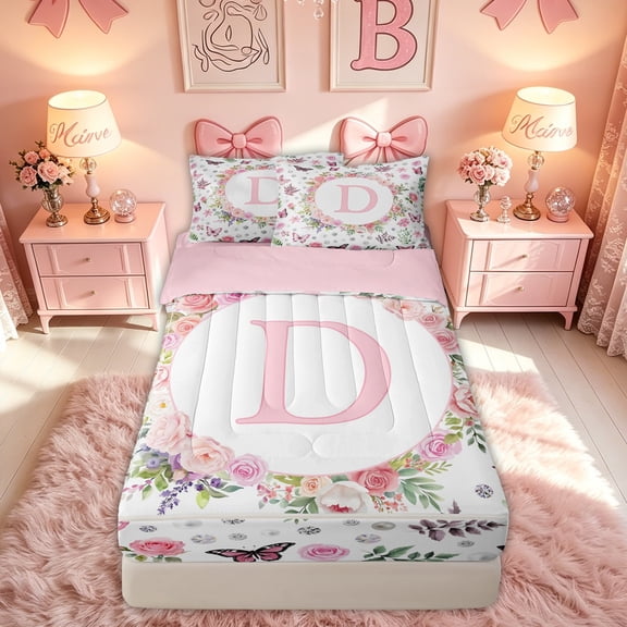 meiyoeat Floral Butterfly Letter D Zipper Comforter Set with Fitted Sheet and 2 Pillowcases for Girls, Spring Rose Flower Zipper Bedding Set, Pink Reversible, 3 Pieces