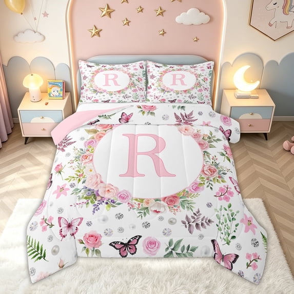 meiyoeat Floral Butterfly R Initial Pink Full Size Comforter Sets, Flower Monogram Initial Bedding Comforter Set for Girls, Pink Reversible, 3-Piece, 1 Comforter and 2 Pillowcases