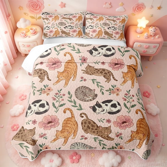 meiyoeat Floral Cat Pattern Bed Spread Queen,Pink Rustic Flower Queen Coverlet Set,3 Pieces,1 Quilt and 2 Pillowcases