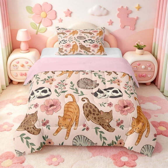 meiyoeat Floral Cat Pattern Twin Comforter Sets,Pink Rustic Flower Bedding Set,Pink Reversible,2pcs,1 Comforter and 1 Pillowcase