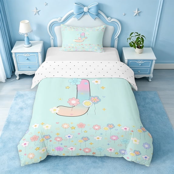 meiyoeat Floral Gradient Initial J Twin Duvet Cover,Pastel Rainbow Monogram Art Twin Bedding For Girl,Reversible,2pcs,1 Duvet Cover and 1 Pillowcase