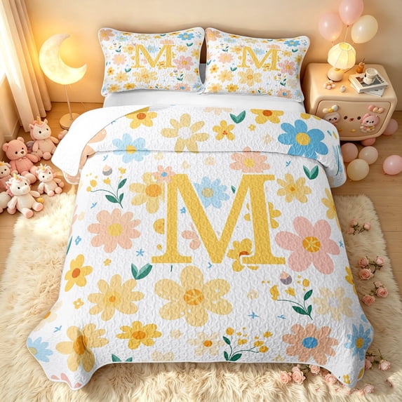 meiyoeat Floral Letter M Quilt Full for Girls, Spring Daisy Groovy Full Bedspread Sets for Bedroom, Multicolor, 3pcs, 1 Comforter and 2 Pillowcases