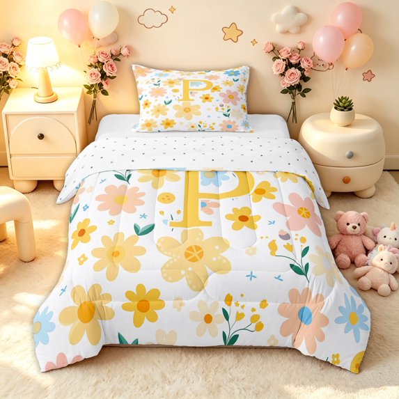 meiyoeat Floral Letter P Twin Comforter Sets for Girls, Spring Daisy Groovy Bedding Set for Bedroom, Multicolor, Reversible, 2pcs, 1 Comforter and 1 Pillowcase