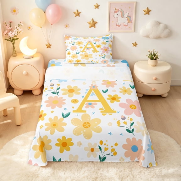meiyoeat Floral Letter A Twin Sheets for Girls, Spring Daisy Groovy Bedding for Bedroom, Multicolor, 3pcs, 1 Flat Sheet, 1 Fitted Sheet and 1 Pillowcase