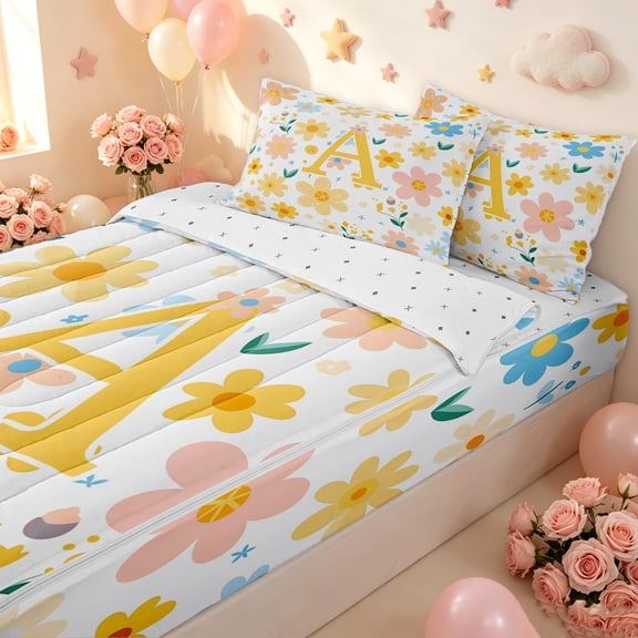 meiyoeat Floral Letter A Zipper Twin Comforter Sets with Fitted Sheet and 2 Pillowcases for Girls, Spring Daisy Groovy Zipper Bedding Set for Bedroom, Multicolor, Reversible, 4pcs