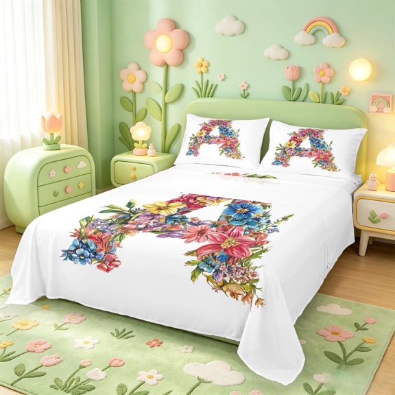 meiyoeat Floral Monogrammed A Bed Sheets For Girls,Watercolor Blossom Full Size Sheets,4-Piece1 Flat Sheet, 1 Fitted Sheet and 2 Pillowcases