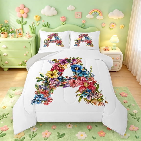 meiyoeat Floral Monogrammed A Full Size Comforter Sets For Girls,Watercolor Blossom Bedding Comforter Set,Light Gray Reversible,3-Piece,1 Comforter and 2 Pillowcases