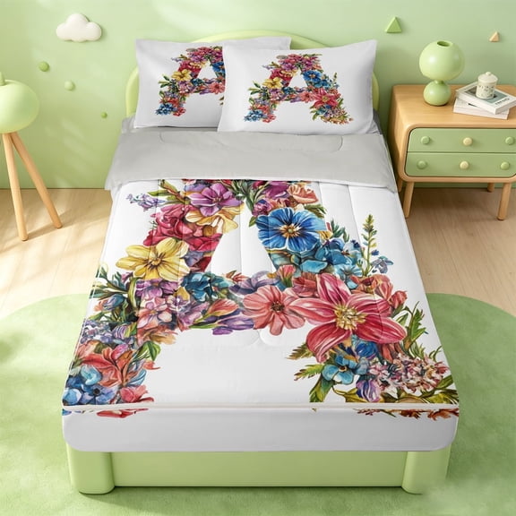 meiyoeat Floral Monogrammed A Zipper Twin Comforter Sets with Fitted Sheet and 2 Pillowcases For Girls,Watercolor Blossom Zipper Bedding Set,Light Gray Reversible,4pcs