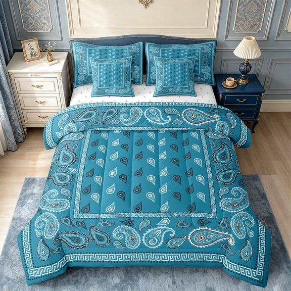 meiyoeat Floral Paisley 7pcs Queen Bedding For Men Women,Boho Print Bedding Comforter Set Queen,Teal White,Reversible