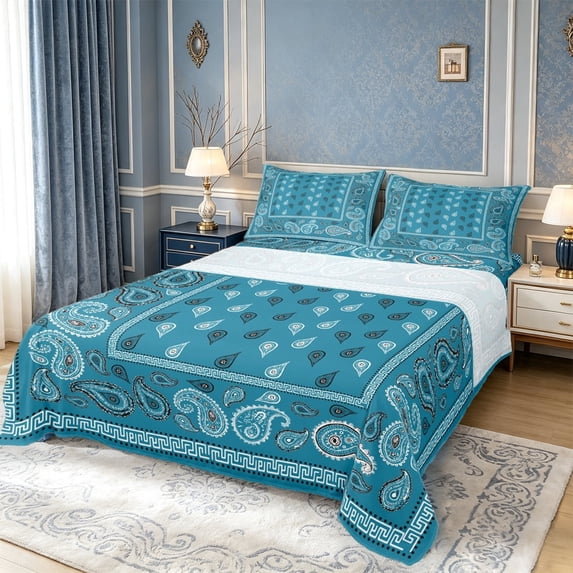 meiyoeat Floral Paisley Queen Sheets For Men Women,Boho Print Queen Sheet Sets,Teal White,4 Pieces1 Flat Sheet, 1 Fitted Sheet and 2 Pillowcases