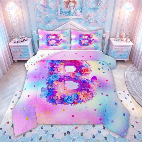 meiyoeat Flower Butterfly B Initial Rainbow Full Size Comforter Sets, Watercolor Galaxy Stars Bedding Comforter Set for Girls, Colorful Star Reversible, 3-Piece, 1 Comforter and 2 Pillowcases