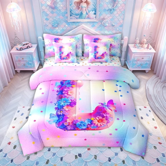 meiyoeat Flower Butterfly L Initial Rainbow Twin Bedding, Watercolor Galaxy Stars Bedding Comforter Set for Girls, Colorful Star Reversible, 7 Pieces