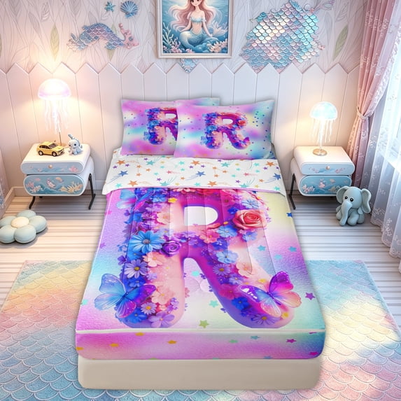 meiyoeat Flower Butterfly R Initial Rainbow Zipper Comforter Set with Fitted Sheet and 2 Pillowcases, Watercolor Galaxy Stars Zipper Bedding Set for Girls, Colorful Star Reversible, 3 Pieces