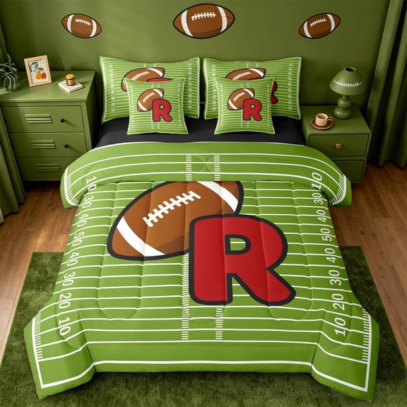 meiyoeat Football Ball Sports 7-Piece Twin Bedding Sets For Boys,Fashion R Alphabet Print Bedding Comforter Set For Girls,black Reversible
