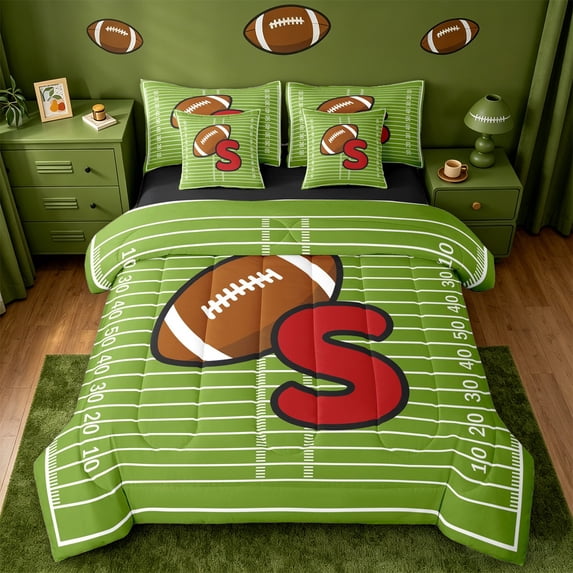 meiyoeat Football Initial Letter S 7 Pieces King Bedding For Boys,Ball Sport Games King Bed In A Bag For Kids,Black Reversible