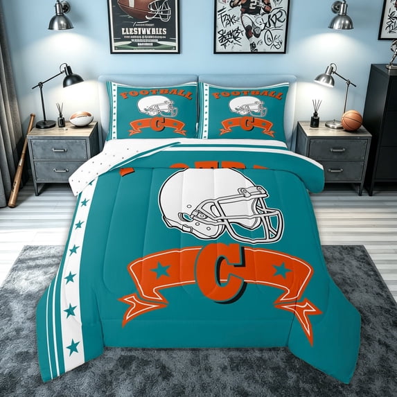 meiyoeat Football Letter C Full Size Comforter Sets for Boys, Rugby Sport Helmet Bedding Comforter Set, Teal, Reversible, 3pcs, 1 Comforter and 2 Pillowcases