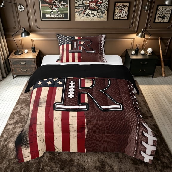 meiyoeat Football Letter R Twin Comforter Sets for Men Boys, US Flag Initial Bedding Set for Game Day, Brown, Black Reversible 2pcs, 1 Comforter and 1 Pillowcase