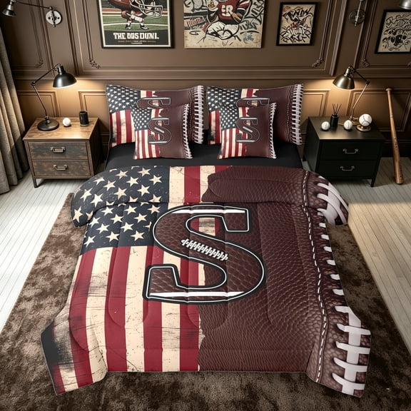 meiyoeat Football Letter S Twin Bedding for Men Boys, US Flag Initial Bedding Comforter Set for Game Day, Brown, Black Reversible, 7 Pieces