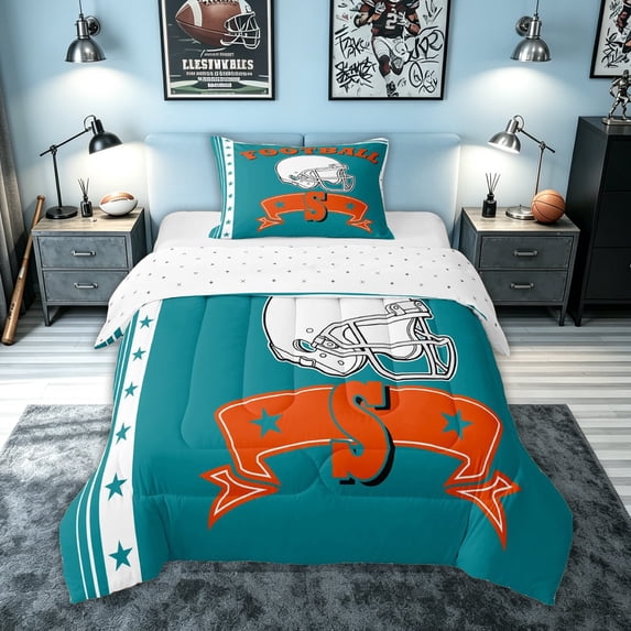 meiyoeat Football Letter S Twin Comforter Sets for Boys, Player Print Bedding Set for Kids, Teal, Reversible, 2-Piece, 1 Comforter and 1 Pillowcase