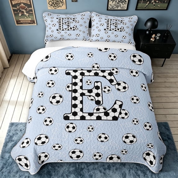 meiyoeat Football Monogrammed E Quilt Full for Boys, Blue Sport Soccer Full Bedspread Sets, 3 Pieces, 1 Comforter and 2 Pillowcases