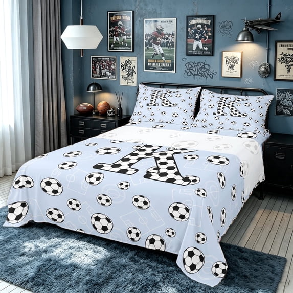 meiyoeat Football Monogrammed K Bed Sheets for Boys, Blue Sport Soccer Full Size Sheets, 4 Pieces, 1 Flat Sheet, 1 Fitted Sheet and 2 Pillowcases