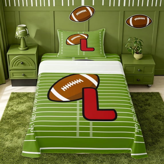 meiyoeat Footballs Ball Games Twin Sheet Sets For Boys,Cartoon Rugby Monogrammed L Print Bedding For Kids,3 Pieces
