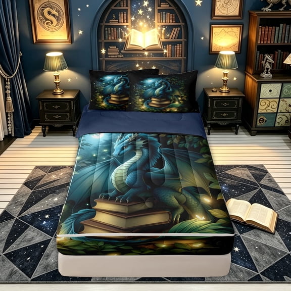 meiyoeat Forest Book Blue Dragon Zipper Full Size Comforter Sets with Fitted Sheet and 2 Pillowcases for Boys Girls Kids, Magical Animal Zipper Bedding Set, Teal, Blue Reversible, 4pcs