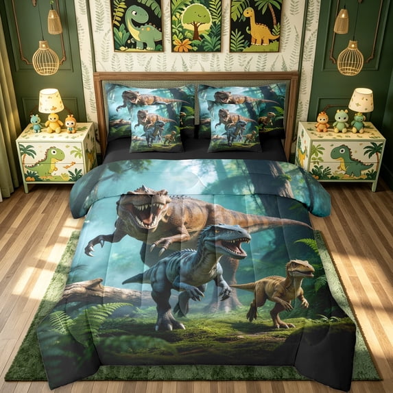 meiyoeat Forest Dino King Bedding for Boys Men, Farmhouse Animal King Bed in a Bag, Green, Black Reversible, 7-Piece