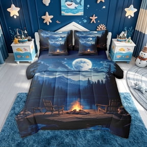 meiyoeat Forest Lake Camping Twin Bedding for Men Boys, Moonlight Mountain Lake Campfire Bedding Comforter Set, Blue, Blue Reversible, 7 Pieces