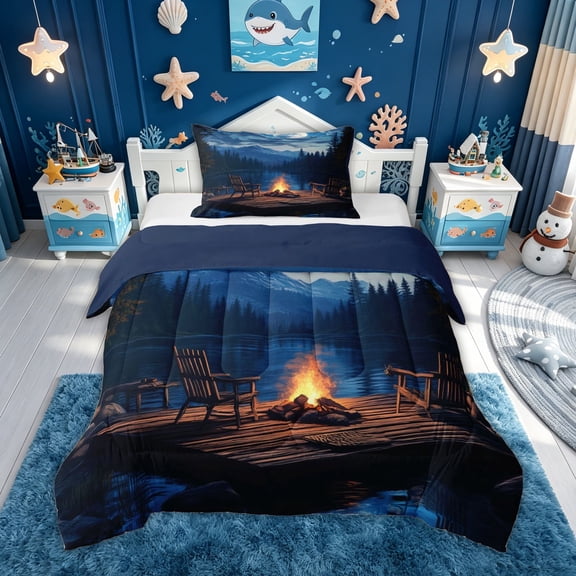 meiyoeat Forest Lake Camping Twin Comforter Sets for Men Boys, Moonlight Mountain Lake Campfire Bedding Set, Blue, Blue Reversible, 2 Pieces, 1 Comforter and 1 Pillowcase