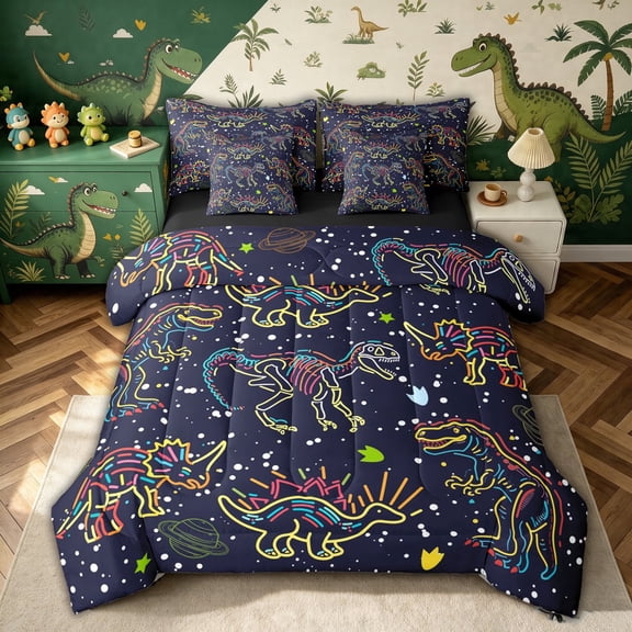 meiyoeat Galaxy Dino Full Size Bedding Sets for Boys, Neon Line Space Skeleton Full Size Bed in a Bag, Dark Navy, Black Reversible, 7 Pieces