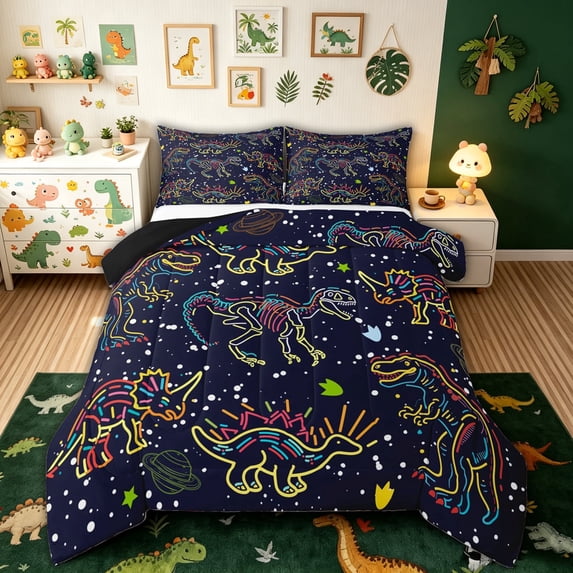 meiyoeat Galaxy Dino Full Size Comforter Sets for Boys, Neon Line Space Skeleton Bedding Comforter Set, Dark Navy, Black Reversible, 3 Pieces, 1 Comforter and 2 Pillowcases
