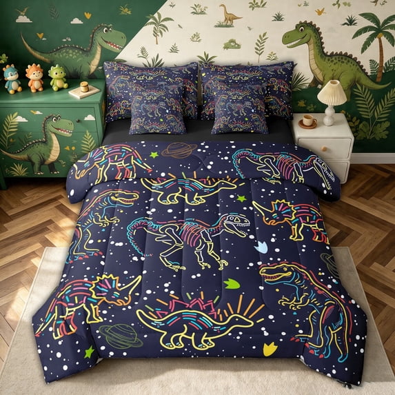 meiyoeat Galaxy Dino Twin Bedding for Boys, Neon Line Space Skeleton Bedding Comforter Set, Dark Navy, Black Reversible, 7 Pieces